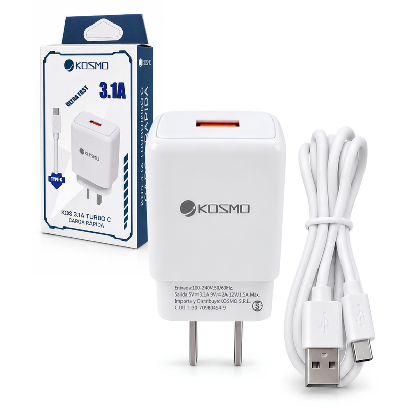 Cargador Rápido 20W Kosmo USB a Ficha Tipo C