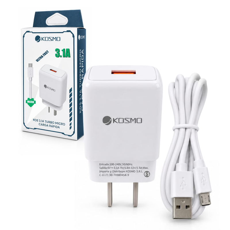 Cargador Rápido 20W Kosmo USB a Ficha V8