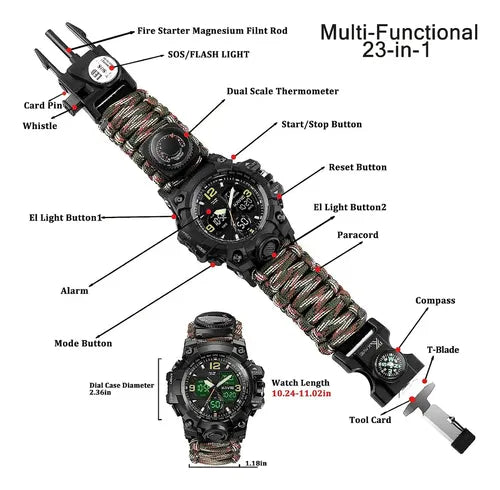 Reloj Táctico Multifunción con Paracord y Brújula – Resistente y Deportivo