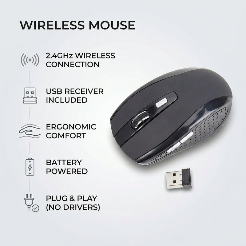 Mouse Inalámbrico Común a Pilas y Adaptador USB