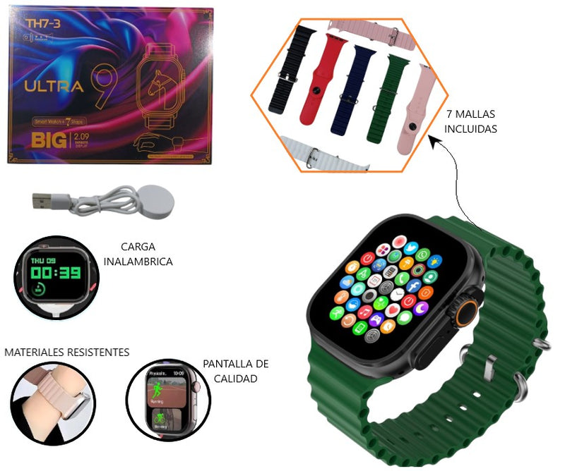 Smartwatch Ultra 9 TH7-3 con 7 Correas Intercambiables – Pantalla 2.09” + Llamadas Bluetooth