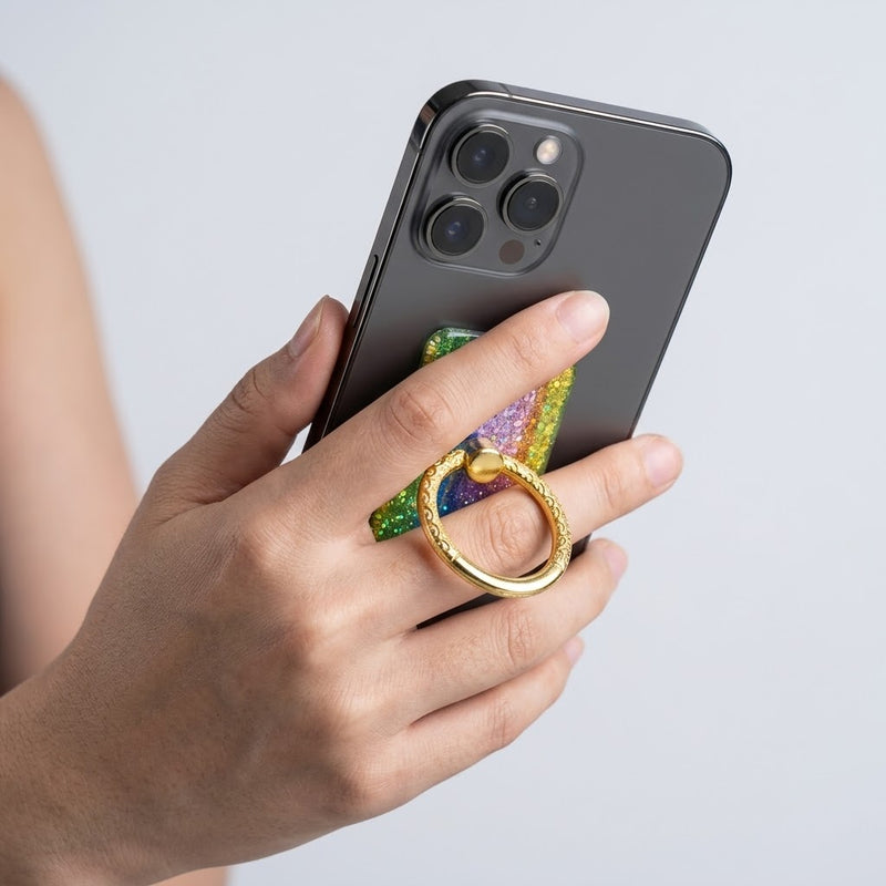 Anillo Soporte para Celular Glitter Rainbow con Rotación 360° – Agarre Seguro y Diseño Premium